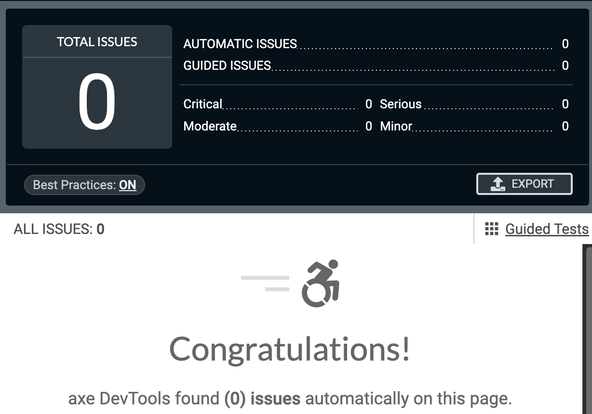 Astro Blog: Astro Markdown Blog Starter: Accessibility screenshot shows clean sheet from axe automated accessibility testing tool.