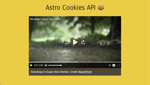 Astro Cookies API: Screen capture shows video player in browser. The video is ready to play with the current time at 31 seconds.