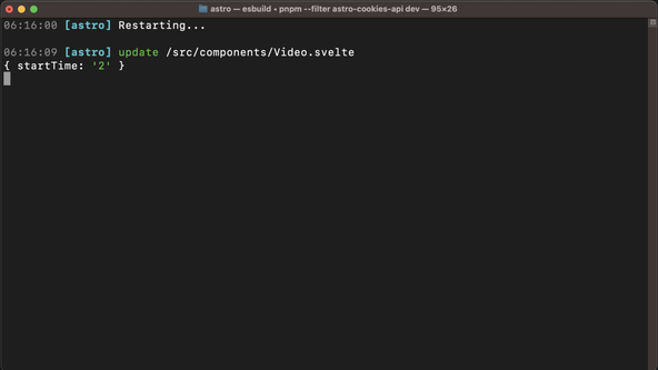 Astro Cookies API: Screen capture shows Terminal a console log for start Time of 2.