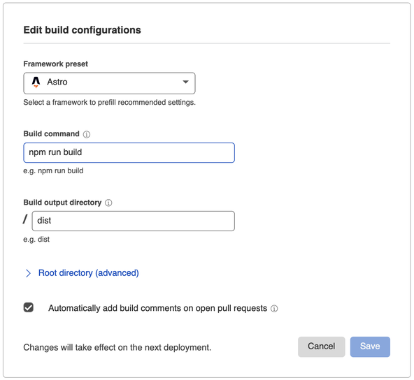 Astro JS Tutorial: Astro JS Tutorial: Cloudflare pages hosting screenshot shows build configuration with Framework preset set to 'Astro', build command set to 'npm run build' and build output directory set to 'dist'