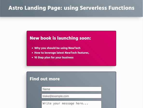 Astro Landing Page Form: Netlify Serverless Contact Form: Screenshot of app showing contact form on landing page.