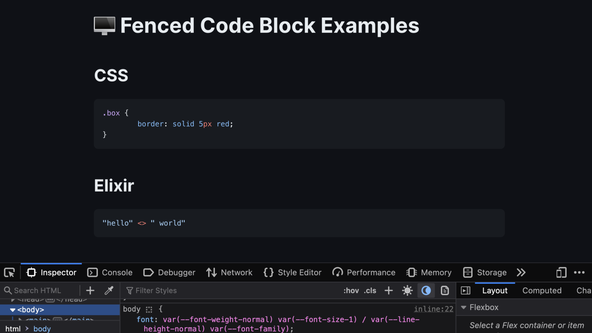 Astro Markdoc: Screen capture shows Firefox developer tools open with dark mode selected.  Within the main browser window, there are CSS and Elixir code blocks with light text on a dark background.