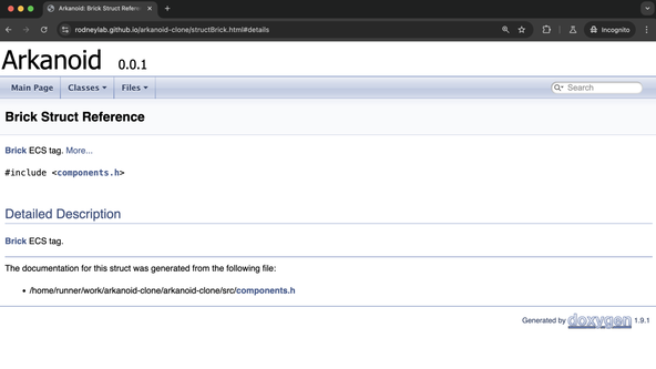 CMake Doxygen Site: Screen capture shows documentation for a C++ class.  The title reads Arkanoid, followed by the version number: 0.0.1.  The menu has Main Page, Classes and Files links.  Below the page subheading reads Brick Struct Reference and heads a section with a detailed description of the A P I.