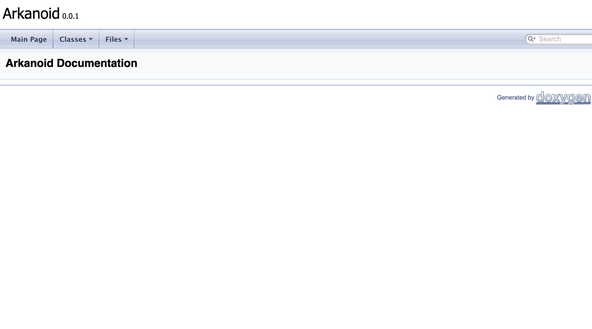 CMake Doxygen Site: Screen capture shows a documentation site skeleton home page.  The title reads Arkanoid, followed by the version number: 0.0.1.  The menu has Main Page, Classes and Files links.  Below the page subheading reads Arkanoid Documentation.