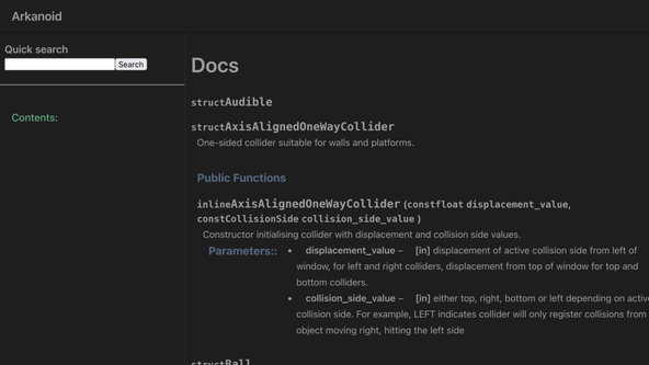 Creating C++ Sphinx Docs: Screen capture shows documentation for C++ classes.  The title reads Arkanoid documentation in light grey text. There is are breadcumbs above with links in green text.  The page background is white and the layout includes much negative space.  Under a Docs title, classes are listed with their C++ public functions.