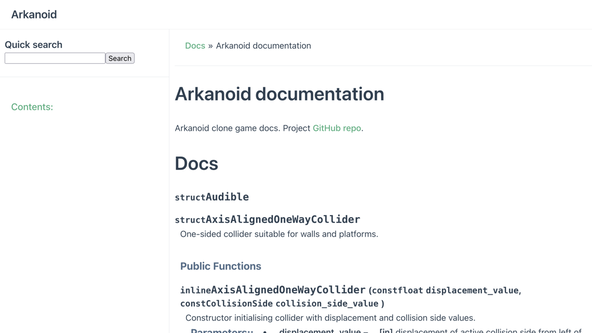 Creating C++ Sphinx Docs: Screen capture shows documentation for C++ classes.  The title reads Arkanoid documentation in black. Links use green text and the page background is a dark charcoal colour and the layout includes much negative space.  Under a Docs title, classes are listed with their C++ public functions.