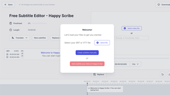 Creating Whisper Video Captions: Screen capture shows input dialogue for uploading a V T T or S R T file on the Happy Scribe site`