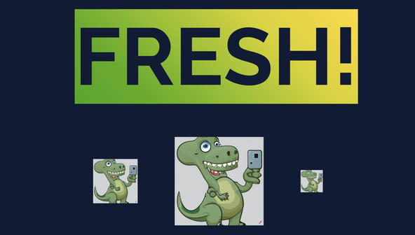 Deno Fresh Responsive Images: Screen capture shows three images of a dinosaur at different sizes