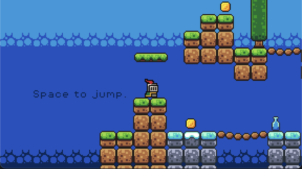 Godot Rust gdext: a 2D platform style game view with a blue background in three bands, becoming deeper blue as you descend. The foreground features brown and grey stone platforms.  The player character has a knight sprite, and you can see coins, a bottle, a tree, and a rope bridge.  Text to the left and centre of the view reads "Space to jump".