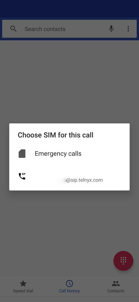 How to make Android VoIP Calls with Telnyx: Screen Capture: Image shows Choose SIM for this call dialogue with option for Emergency calls or the S I P profile just set up.