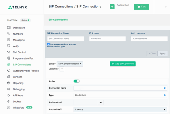 How to make Android VoIP Calls with Telnyx: Screen Capture: Image shows S I P Connection Options.  Towards the middle are Username and Password form fields.