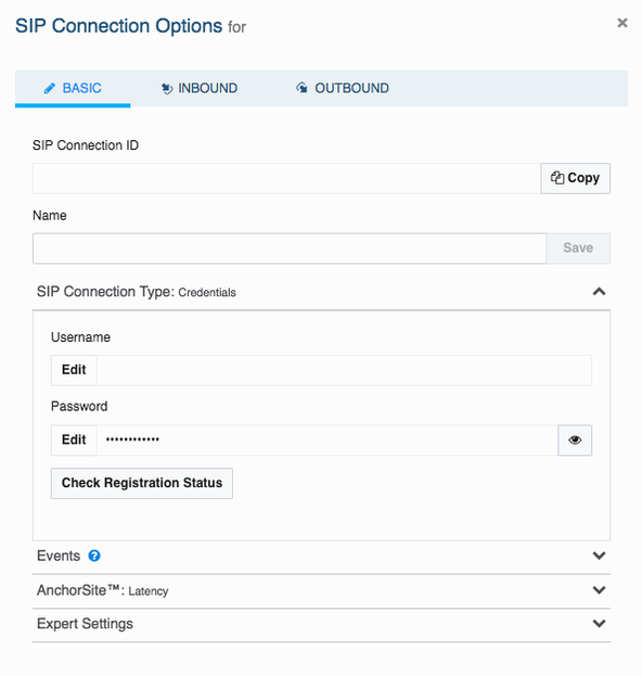 How to make Android VoIP Calls with Telnyx: Screen Capture: Image shows S I P Connection Options.  Towards the middle are Username and Password form fields.