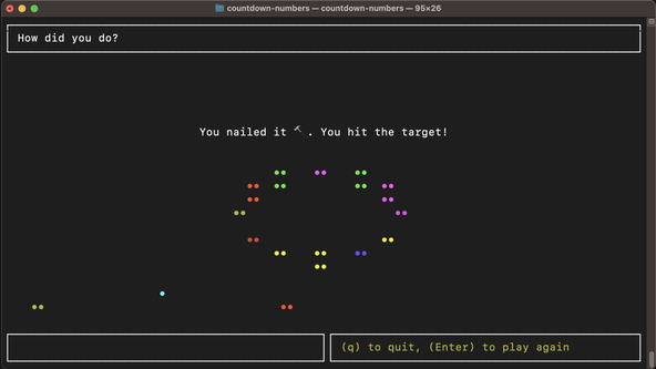 Ratatui for Terminal Fireworks: Screen capture shows game running in the Terminal.  The main title reads “How did you do?”.  Below, text reads You nailed it. “You hit the target!”, and below that, taking up more than half the screen, are a number of colourful dots in the shape of a recently ignited firework.