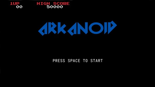 raylib SDF Fonts: Screenshot shows a game title screen. Larger text in the centre reads ARKANOID in capital letters typeset with a large angular font.  The edges are not smooth, and are serrated in appearance.