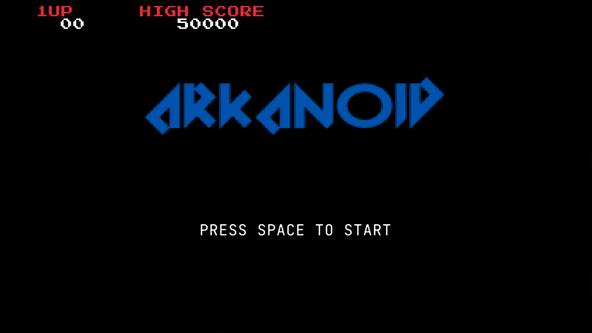 raylib SDF Fonts: Screenshot shows a game title screen. Larger text in the centre reads ARKANOID in capital letters typeset with a large angular font.  The edges are not smooth, and are serrated in appearance.