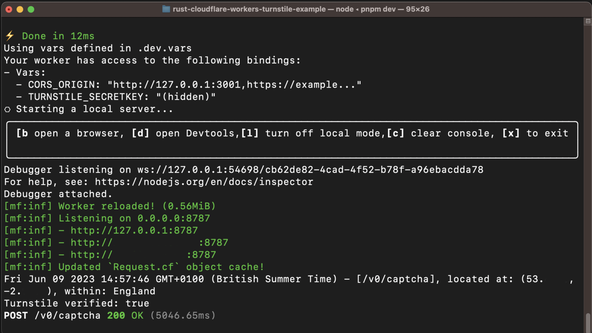 Rust Cloudflare workers:Terminal screen capture shows logs for a request on the /v0/captcha route with text showing Turnstile successfully verified the user.  Environment variables are also listed.  The value for CORS_ORIGIN is listed, while the TURNSTILE_SECRETKEY is hidden.