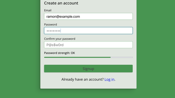 Svelte Login Form Example: Screen capture shows a login form with a password strength meter reading 75% and text saying the strength is OK.