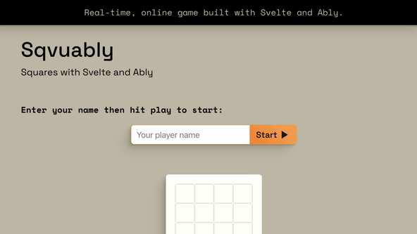 SvelteKit Ably - screen capture shows game in browser in form for entering a player name.