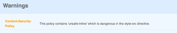 SvelteKit Content Security Policy: Screenshot shows warning from Security Headers on use of unsafe-inline in styles content security policy.
