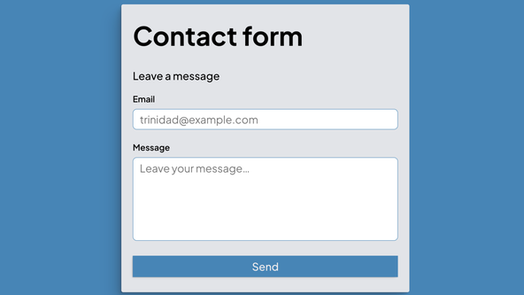 SvelteKit Form Example: screen capture shows a contact form with email and message fields, and a send button.  All fields are blank.