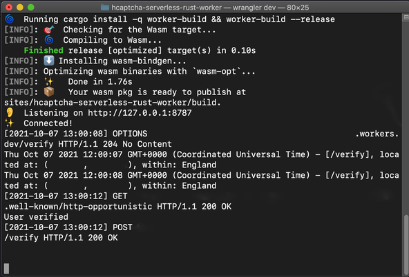 SvelteKit hCaptcha Contact Form: Cloudflare Worker output: image shows console output from successful Cloud flare worker request.