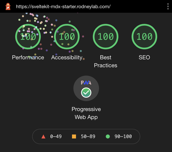 SvelteKit PWA: Lighthouse screenshot showing PWA with a check mark.