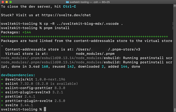 SvelteKit Tooling:  p n p m install command screenshot.  Result shows an output line recording 142 reused packages and only 2 downloaded.