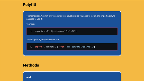 Temporal API Cheat sheet: Site: screenshot show close-up on polyfill section of the site and includes details of how to install and import the polyfill for the Temporal A P I