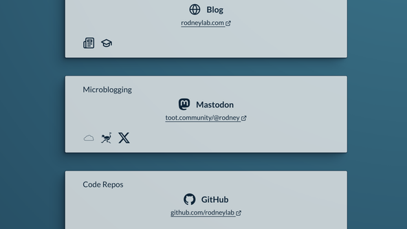 Trying out Leptos: screenshot of microblogging widget shows Mastodon featured, with a link.  Below are buttons, each with just a logo.  The logos are for Bluesky, Nostr and X (previously Twitter)