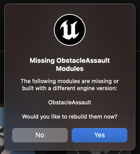 Unreal Engine 5 macOS: Screenshot shows Unreal Engine Editor error dialogue advising "The following modules are missing or built with a different engine version".