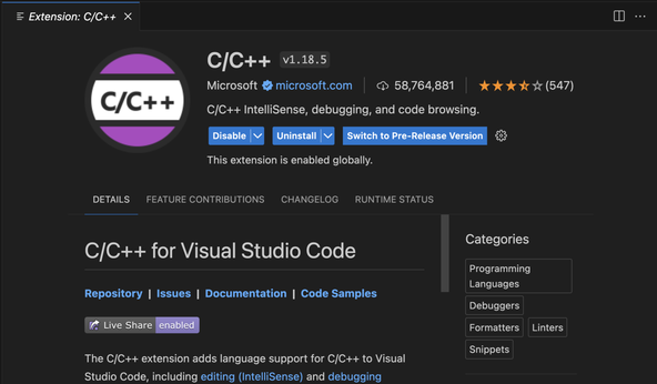 Unreal Engine with Neovim: Scrren capture shows the C/C++ extension by Microsoft preview in the V S Code extensions view.  Current version is v.1.18.5 and there have been around 59 million downloads.