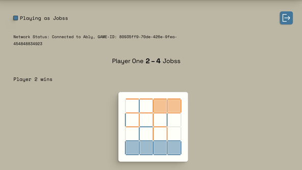 Upstash as SvelteKit Real-time Game Database: screenshot shows complete game, with player 2 having won, claiming 4 (blue) squares, while player 1 only has two (orange) squares.