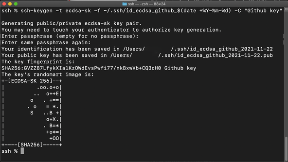 Using FIDO U2F for GitHub SSH: using Secure Keys: Terminal: user has entered the ssh-keygen command listed below and output shows You may need to touch your authenticator to authorize key generation. Enter passphrase (empty for no passphrase):  Enter same passphrase again:  .  Paths to the public and private keys in ~/.ssh folder are also shown.