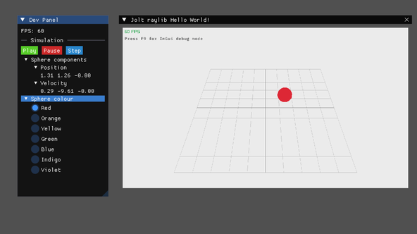Using Jolt with flecs: screen capture shows a red sphere bouncing above a large wireframe grid, in the centre of a large panel.  A smaller panel sits to the left of the main one.  This smaller panel has velocity and position details for the sphere, as well as Play, Pause, and Step buttons.  A list of colours with red (matching the colour of the sphere) selected sits at the bottom of the panel.  At the top, left of the main panel, there is a rendering frames per second readout.  Below that, text reads 'Press F 9 for I m G u i debug mode'.