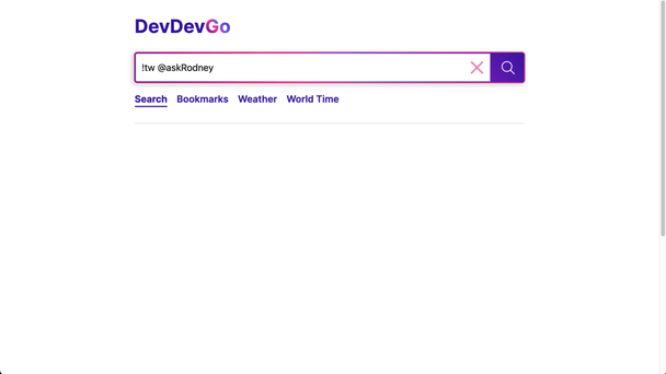 Astro Server-Side Rendering: Search Page: screen capture shows Dev Dev Go as title. Below is a search form field with the search query entered of `!tw @askRodney`