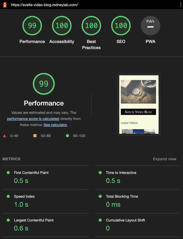 Svelte Video Blog: Screenshot of Chrome Lighthouse scores shows 99 for performance, 100 for accessibility, 100 for best practices, 100 for S E O.  Performance breakdown is also visible with 0 Cumulative Layout Shift, 0.6s Largest Contentful Paint.