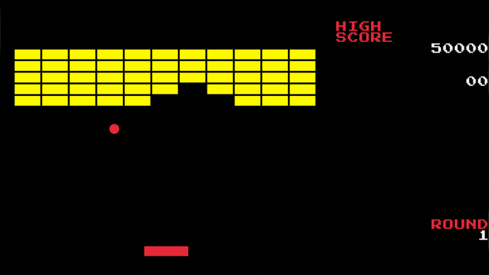 Retro 2D computer games screenshot with a red paddle at the bottom of the screen and a red ball mid-air.